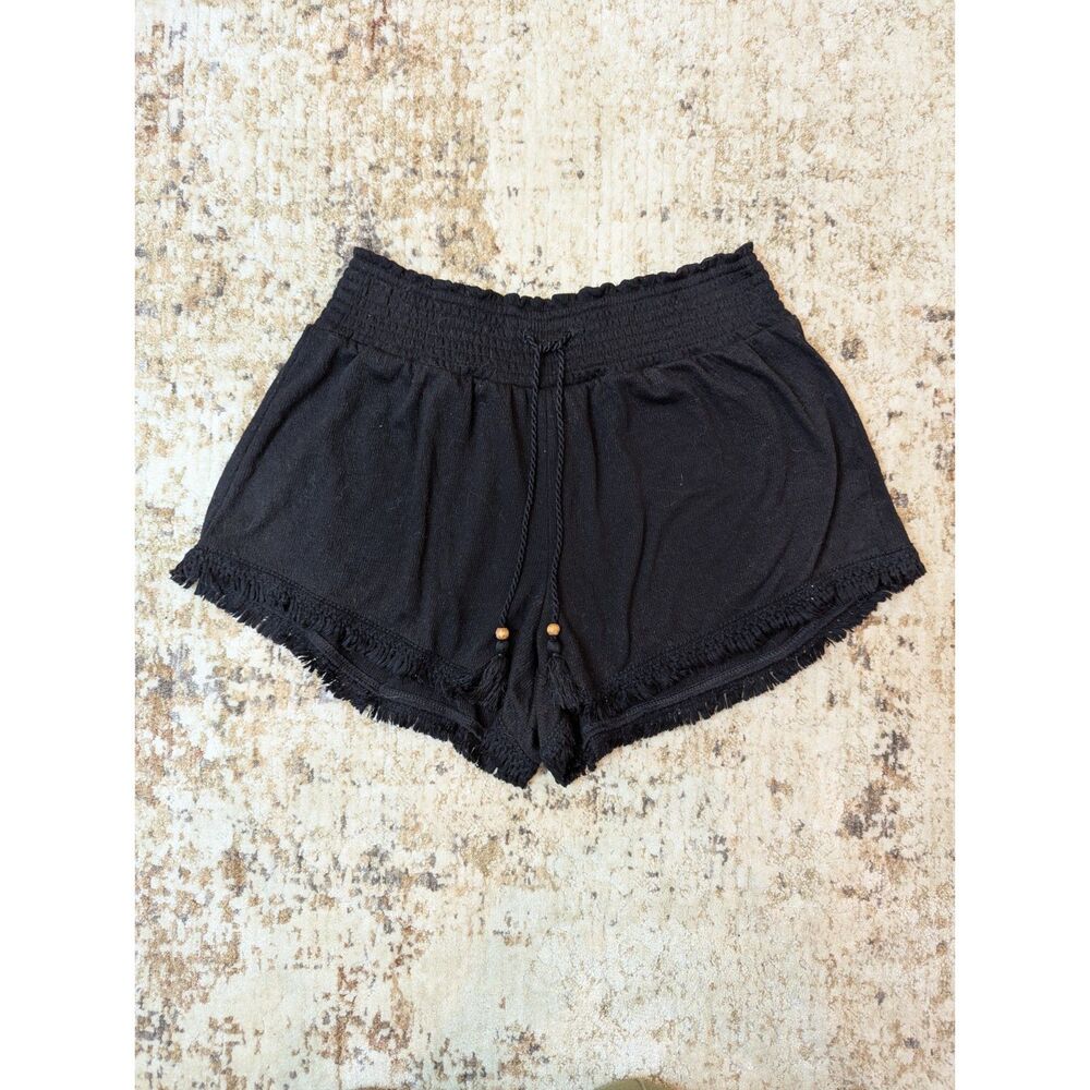 Soft Cotton Boho Knit Shorts with Fringe Hem and Wooden Beads in Black Size L